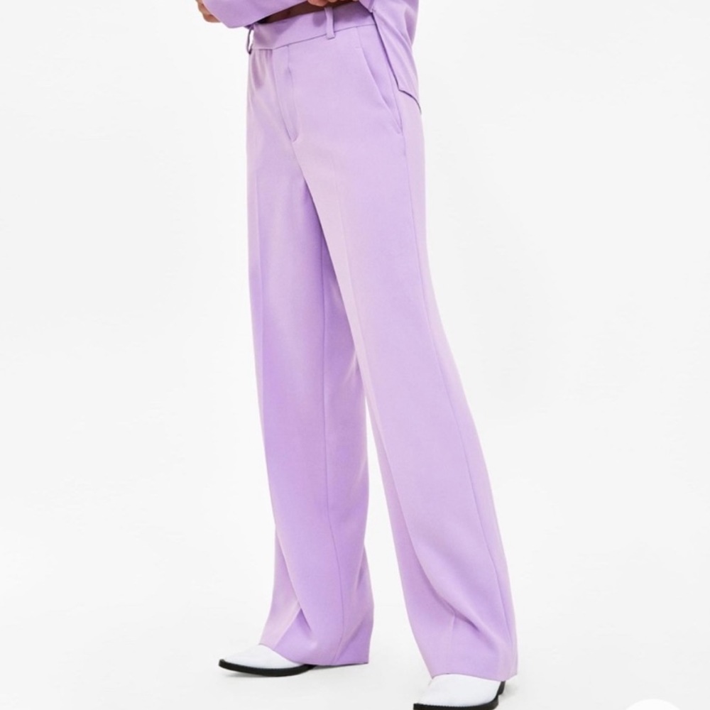 🆕 ZARA Lilac Pleat Front Wide Leg High Waisted Trouser Pants SZ M